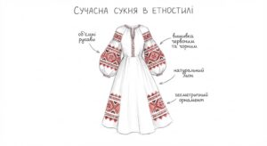 ескіз сучасної сукні чи сорочки, у якій використано елементи етностилю (вишивка, орнамент, крій).